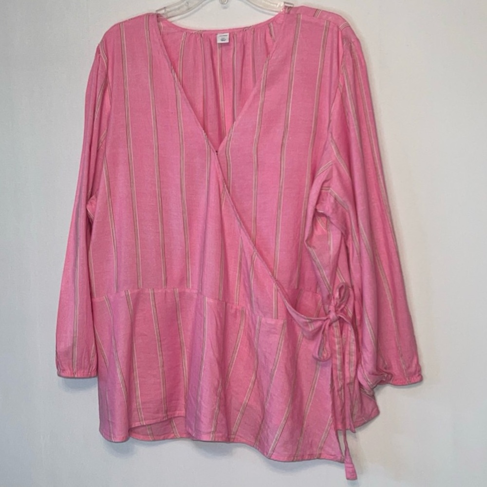 Old Navy Wrap Shirt Blouse Pink Stripe Tie Waist Puff Sleeve Women's XXL.